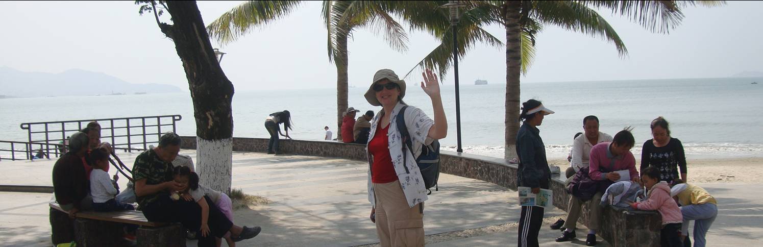 Picture:  Ruth about to hit the beach in Sanya, Hainan Island, China