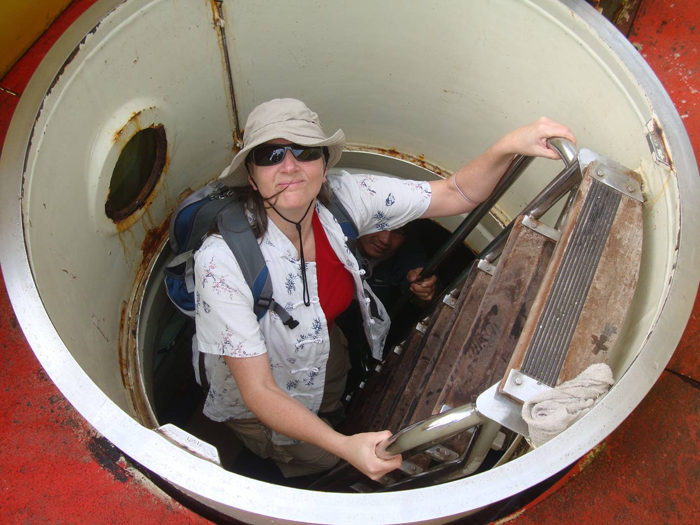 Picture:  Down the hatch.  Ruth  boards the submarine for an undersea tour of Sanya bay.  Hainan Island, China