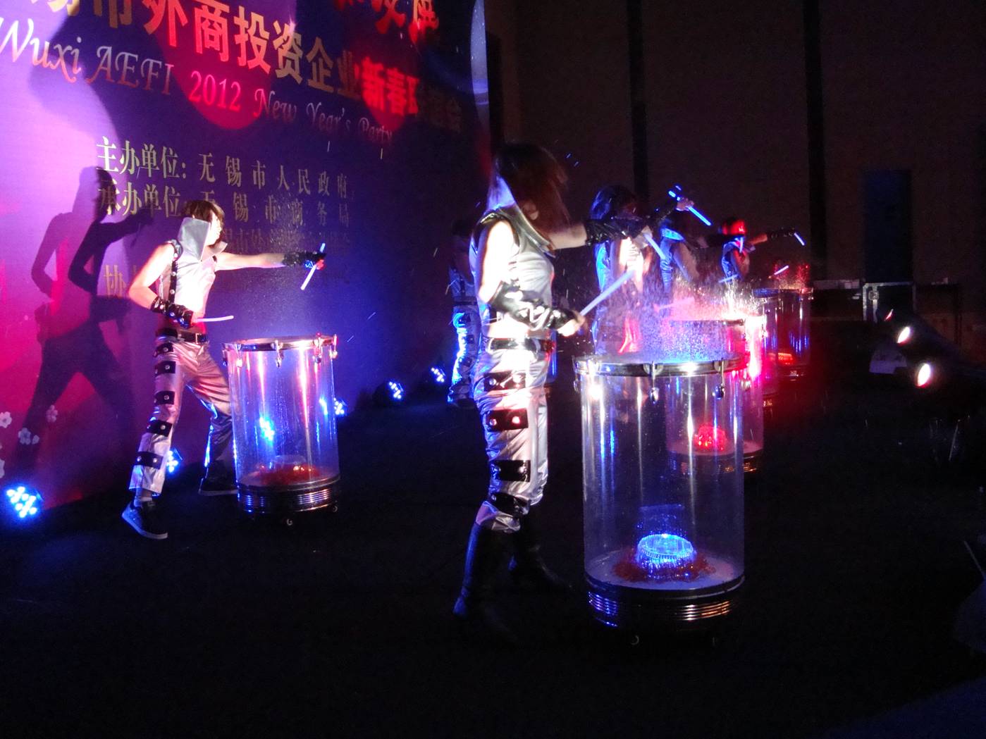 A quarter inch of water on the drum heads added a lot to the theatricality of the water drum performance.  Wuxi, China