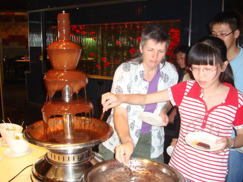 The melted chocolate fountain in the California Restaurant Buffet,  Wuxi,  China