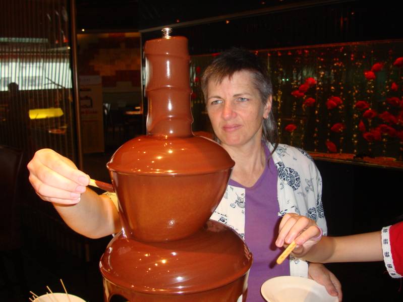A melted chocolate fountain in the California Restaurant Buffet,  Wuxi,  China