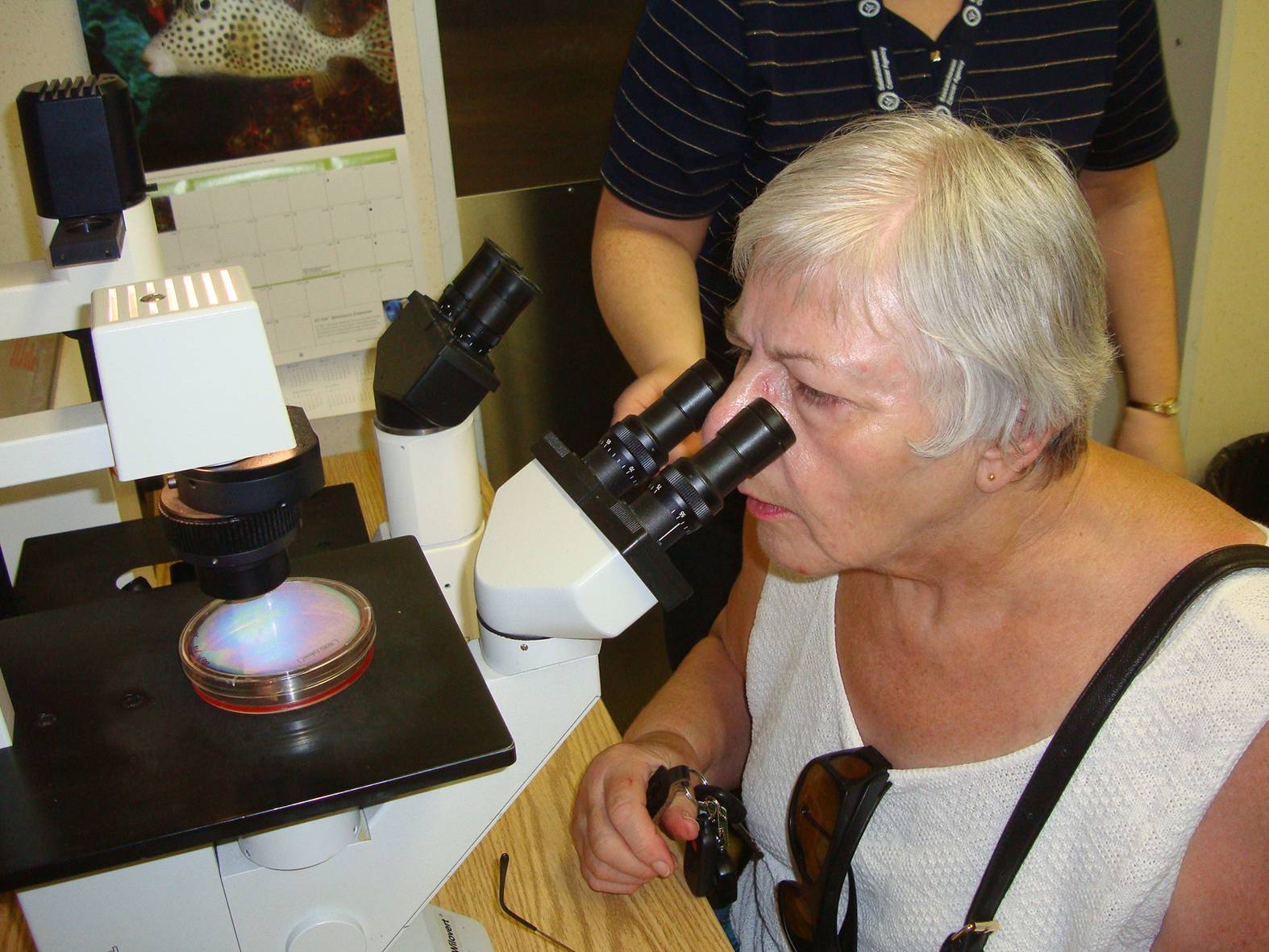 Ruth's mom gets a look at some cancer cells.  Saskatoon, Saskatchewan, Canada