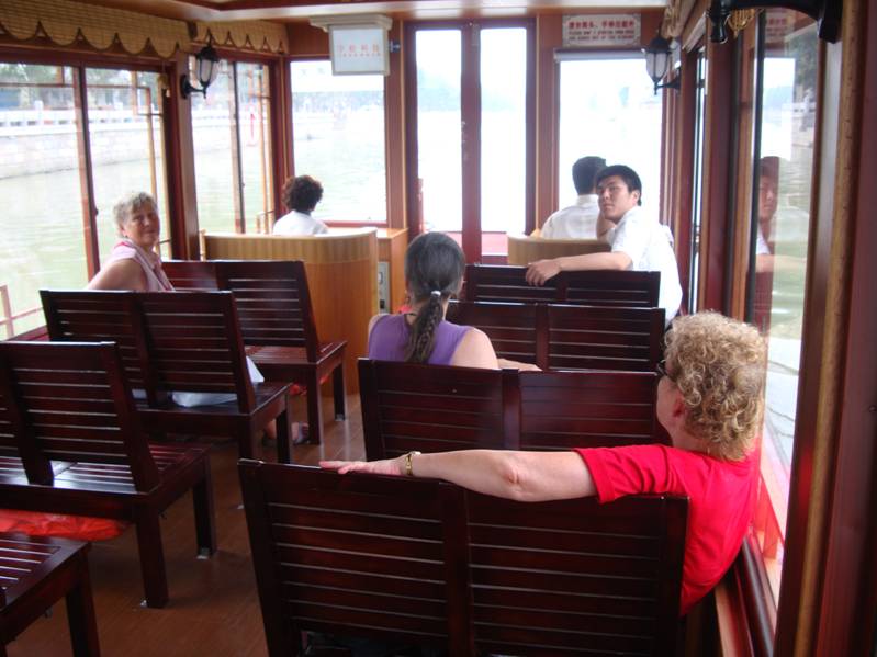 Air conditioned luxury. My cousin and sister on the canal cruise,  Wuxi,  China.