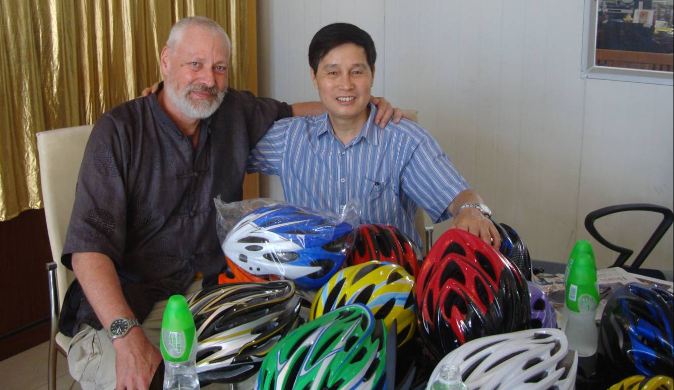 David Scott and Mr. Li at the Chao Yue Sports Equipment Co. Ltd.,  Foshan,  China.