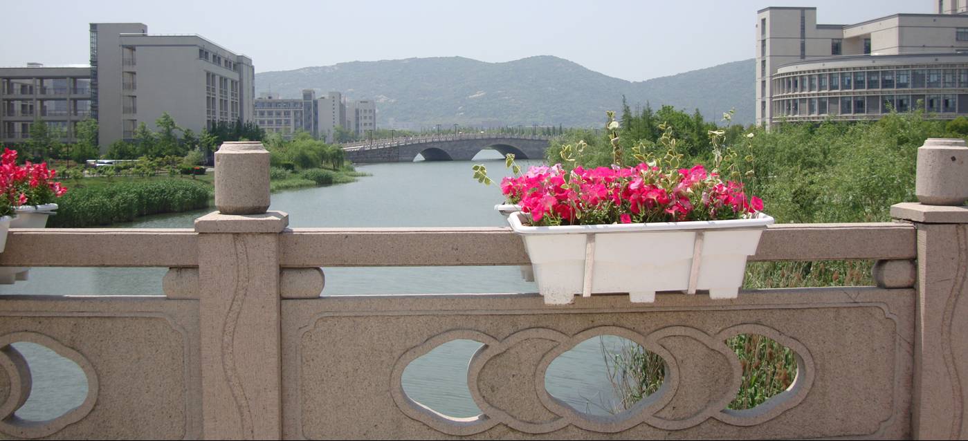 Picture: They''ve put flower baskets on our bridge.  Flowers are everywhere now.  Jiangnan University, Wuxi, China