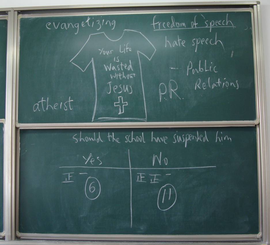 Picture:  A class poll on the blackboard.  11 to 6 saying the school made a mistake to suspend the student for wearing a Jesus Freak T-shirt.  North American College of Jiangnan University, Wuxi, China