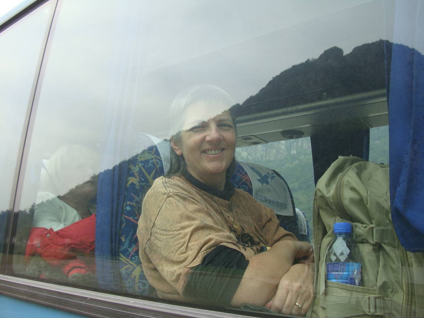 Ruth on the tour bus to Ningbo, China