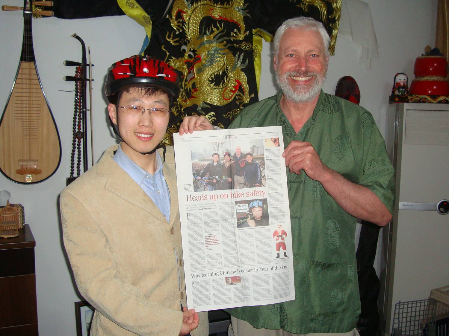 William and David,  Jiangnan Universisty, Wuxi, China. William's younger brother wanted a picture of the China Daily article.