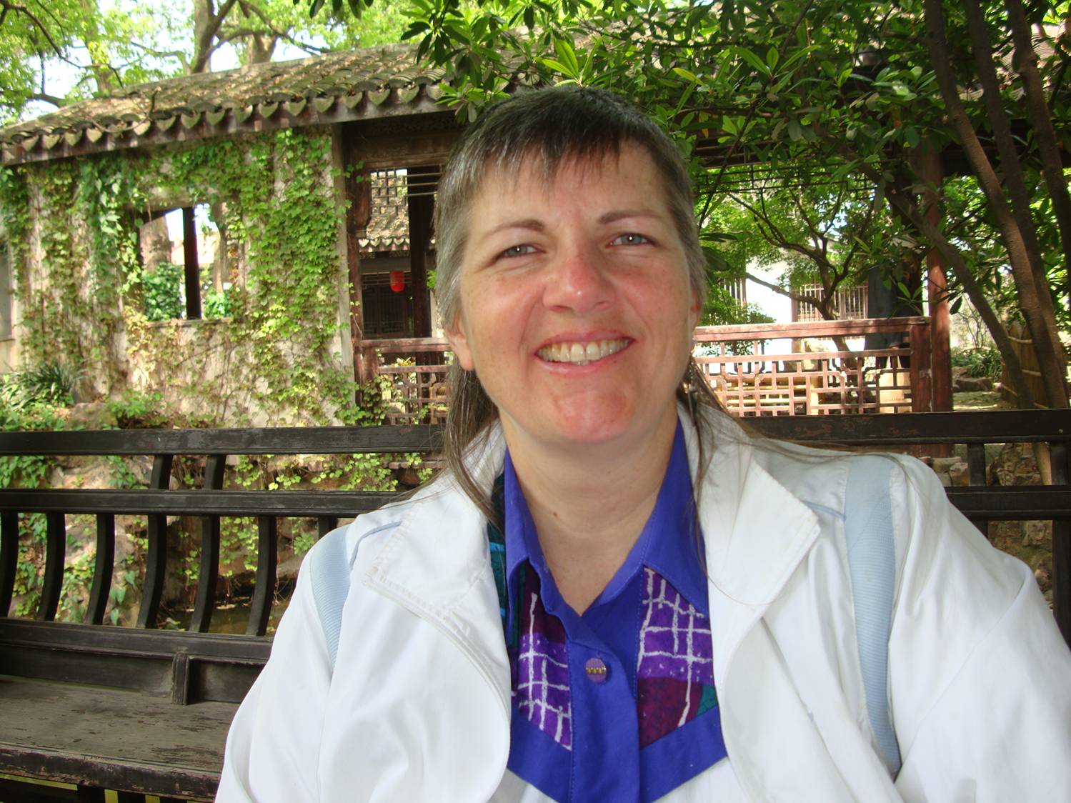 Ruth Anderson in the tea house in Contentment Garden,  Xi Hui Park,  Wuxi,  China