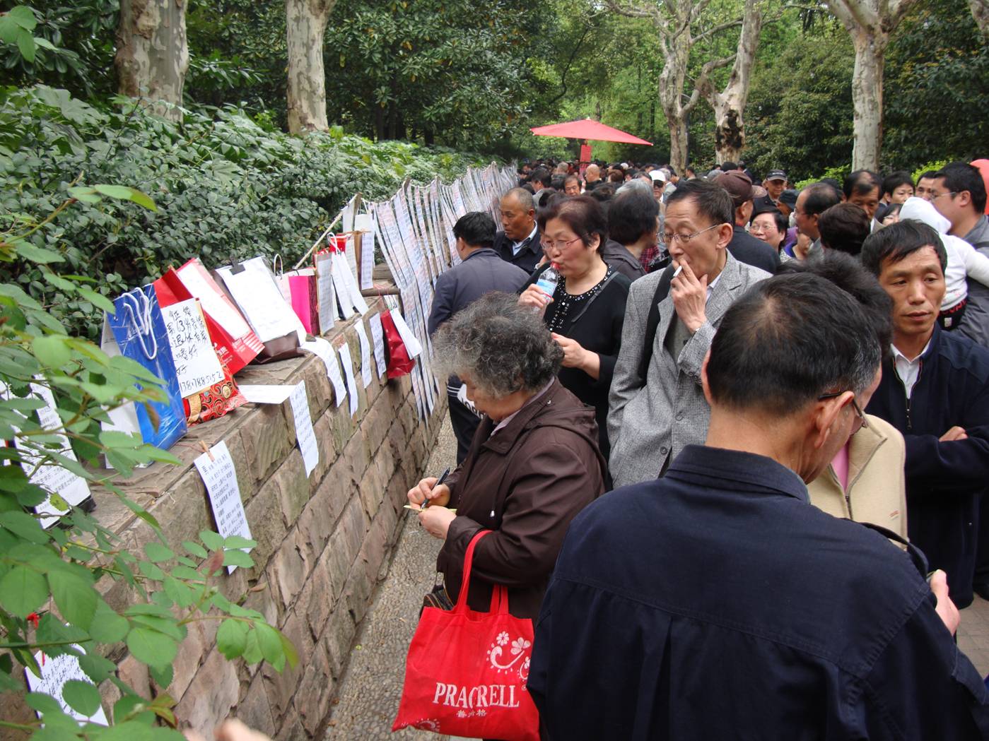 Picture:  People's Square Park, Shanghai.  Parents and Grandparents search the posted ads  for wives and husbands for their children or grand children.