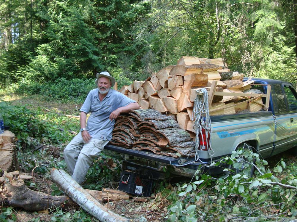 We figure it's about a chord on the truck.  The bark makes a good clean fire that burns all night.  Saltspring Island, B.C., Canada