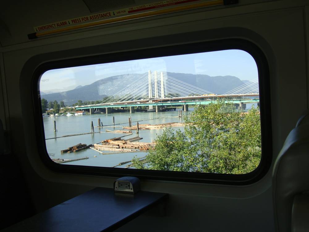 View of the Port Mann bridge, from the West Coast Express train window.