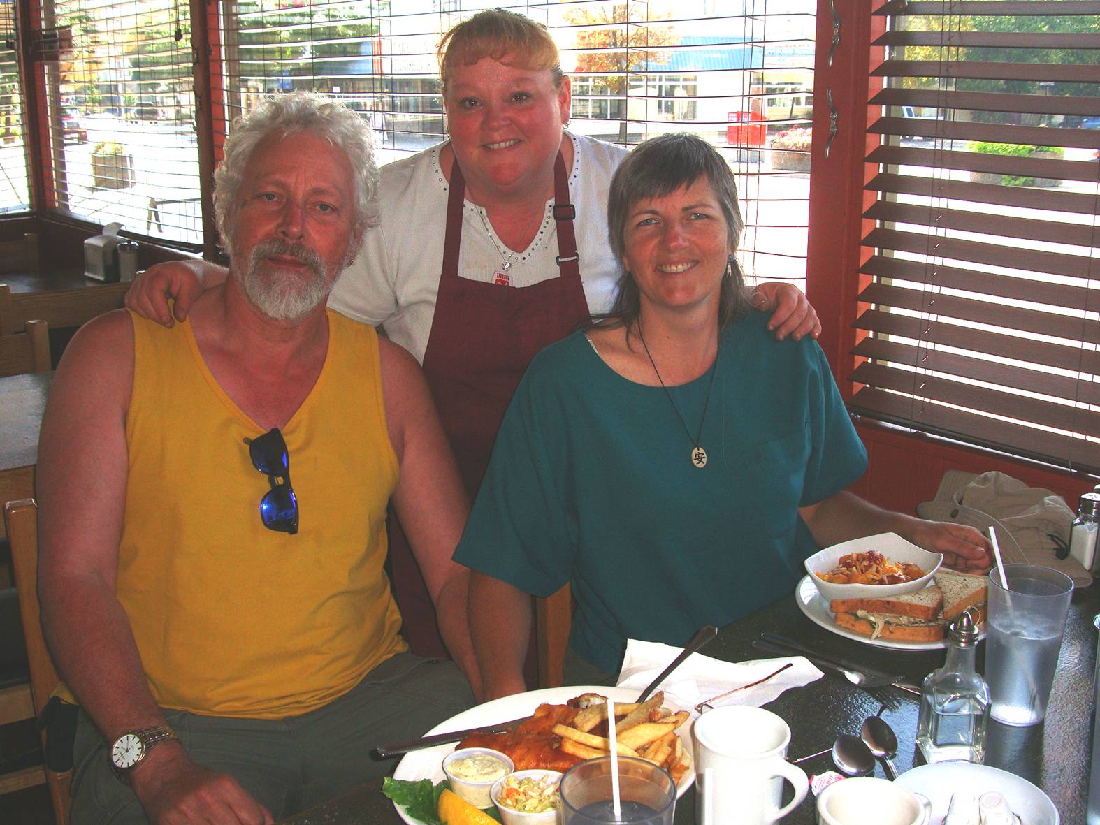 pictire: Karen, owner of Karen's Restaurant in Williams Lake, stopped by our table.  We lavished praise on the food.