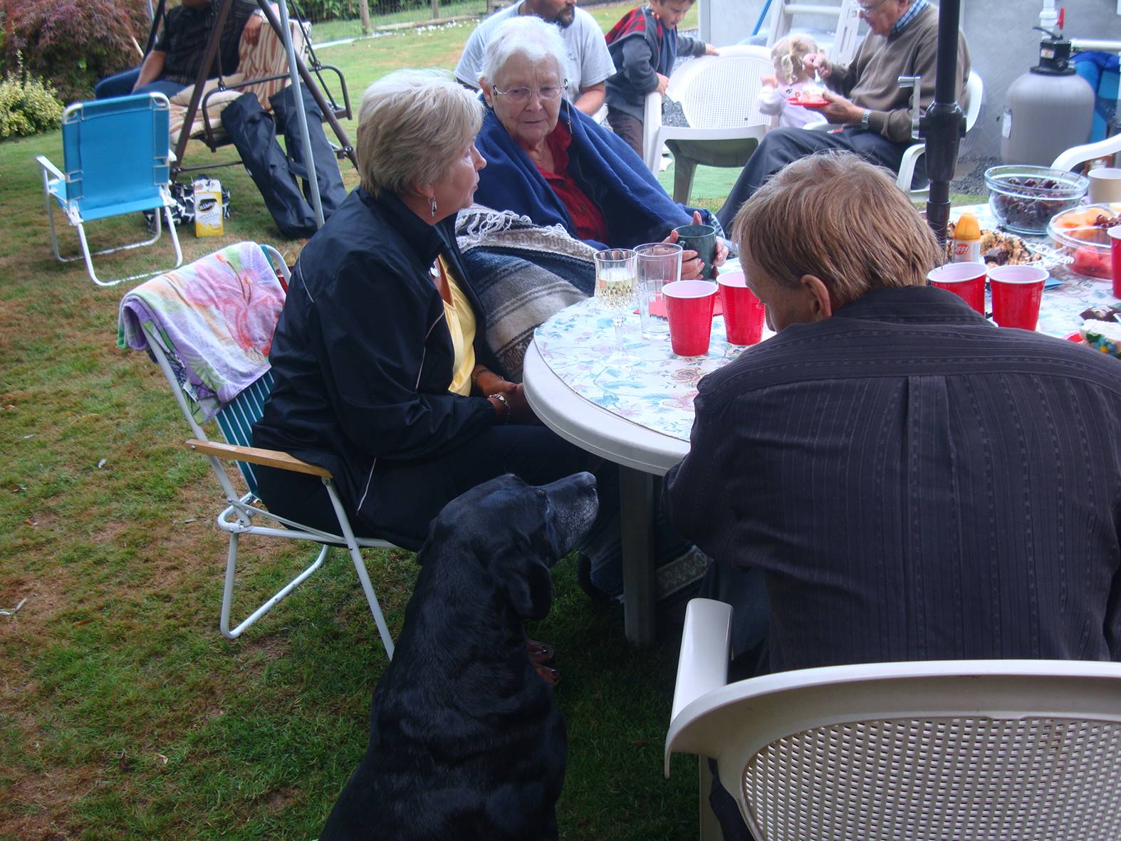 picture: the wedding party in Ruskin, B.C.  High overcast but no rain. My mother and Cousin Reta get a chance to chat, while one of several dogs hopes for a treat.  Ruskin, B.C.