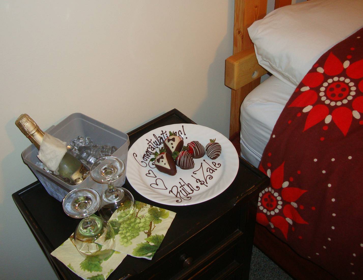 picture:  a bottle of bubbly and a note written in chocolate were waiting by our bedside.  Kimberly, the chef at Nootka Sound Resort, is an artist.