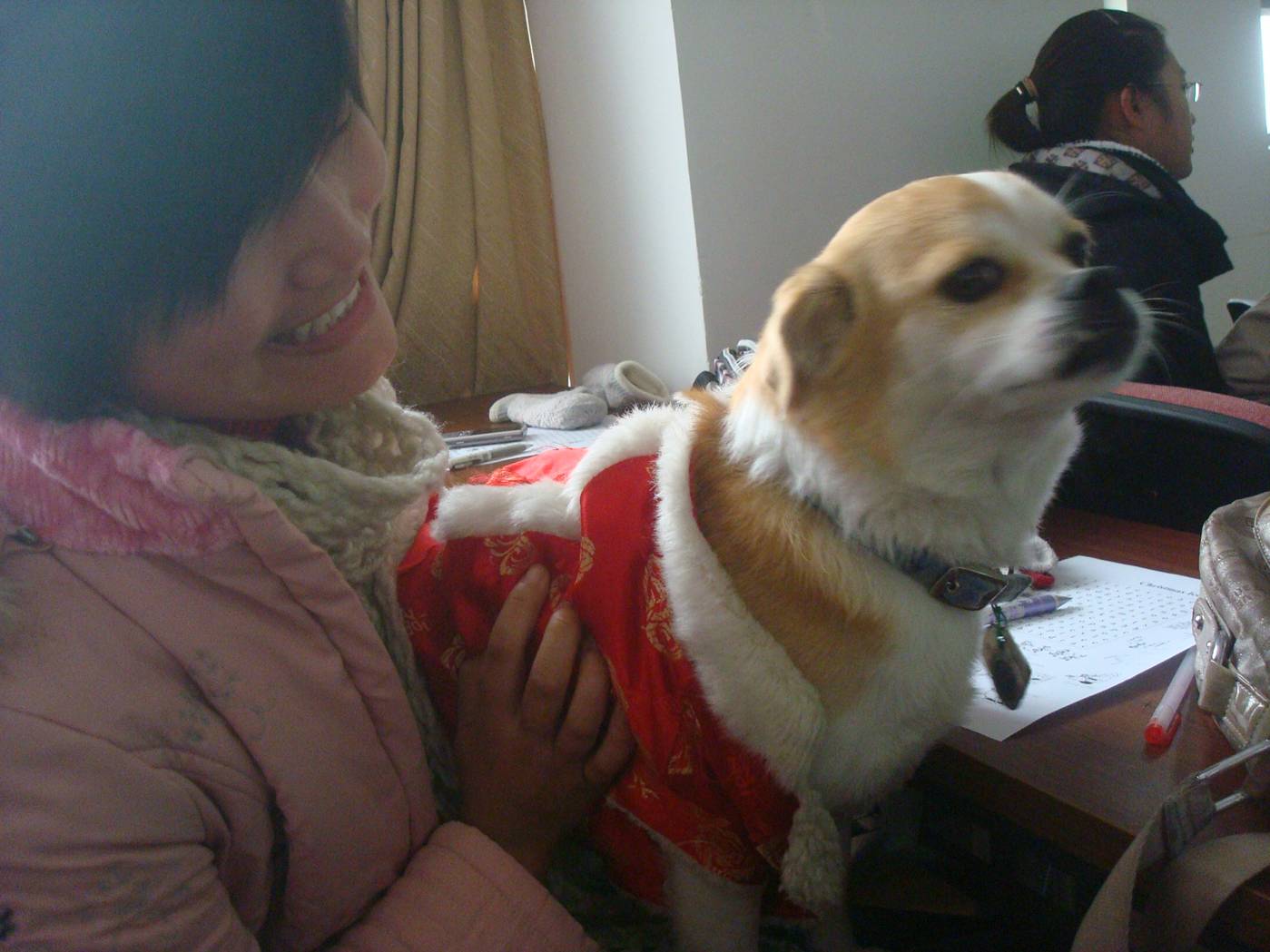 GouGou makes friends.  The Christmas culture party on Christmas morning.  Jiangnan University, Wuxi, China