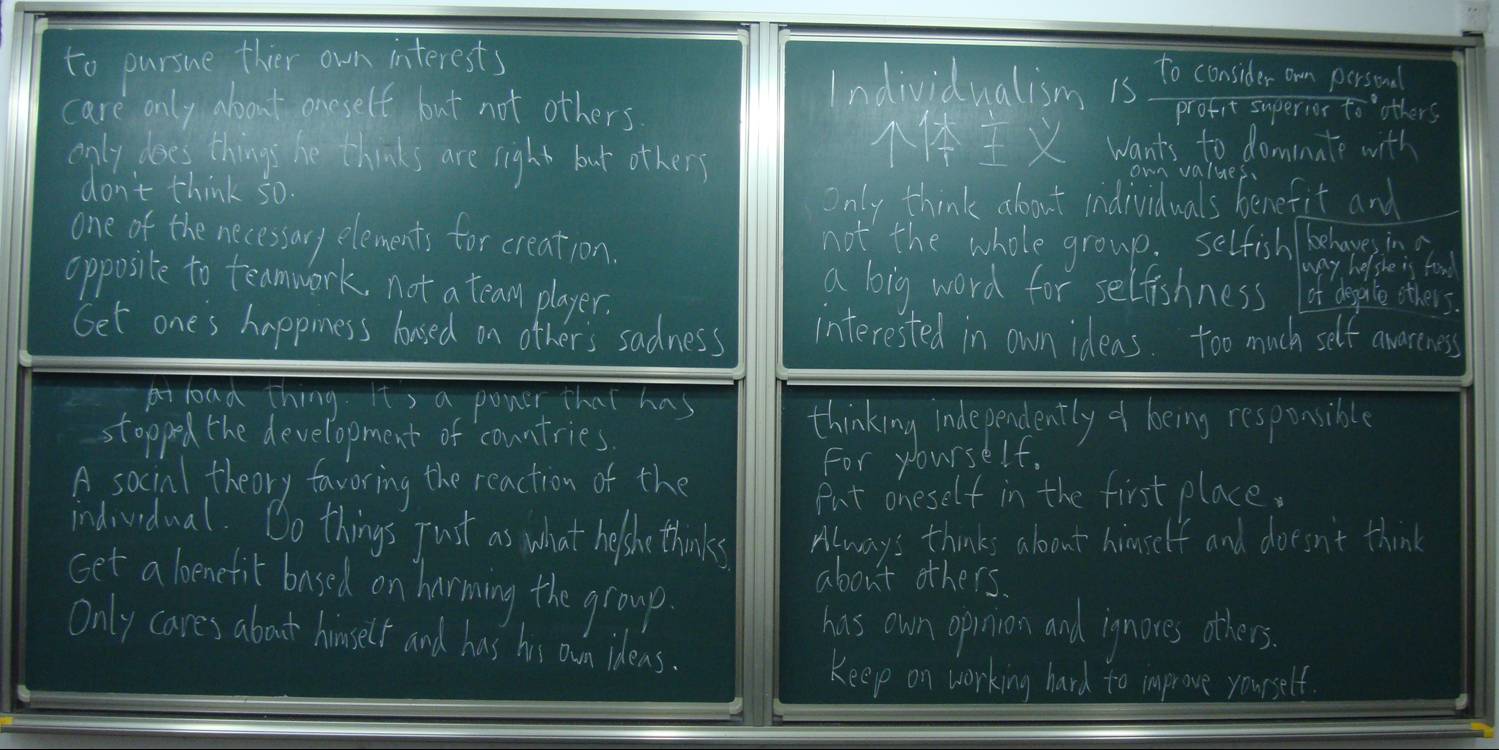 This was the only class that gave me some positive meanings for "individualist".  But still the big emphasis on the negative.  Jiangnan University, Wuxi, China