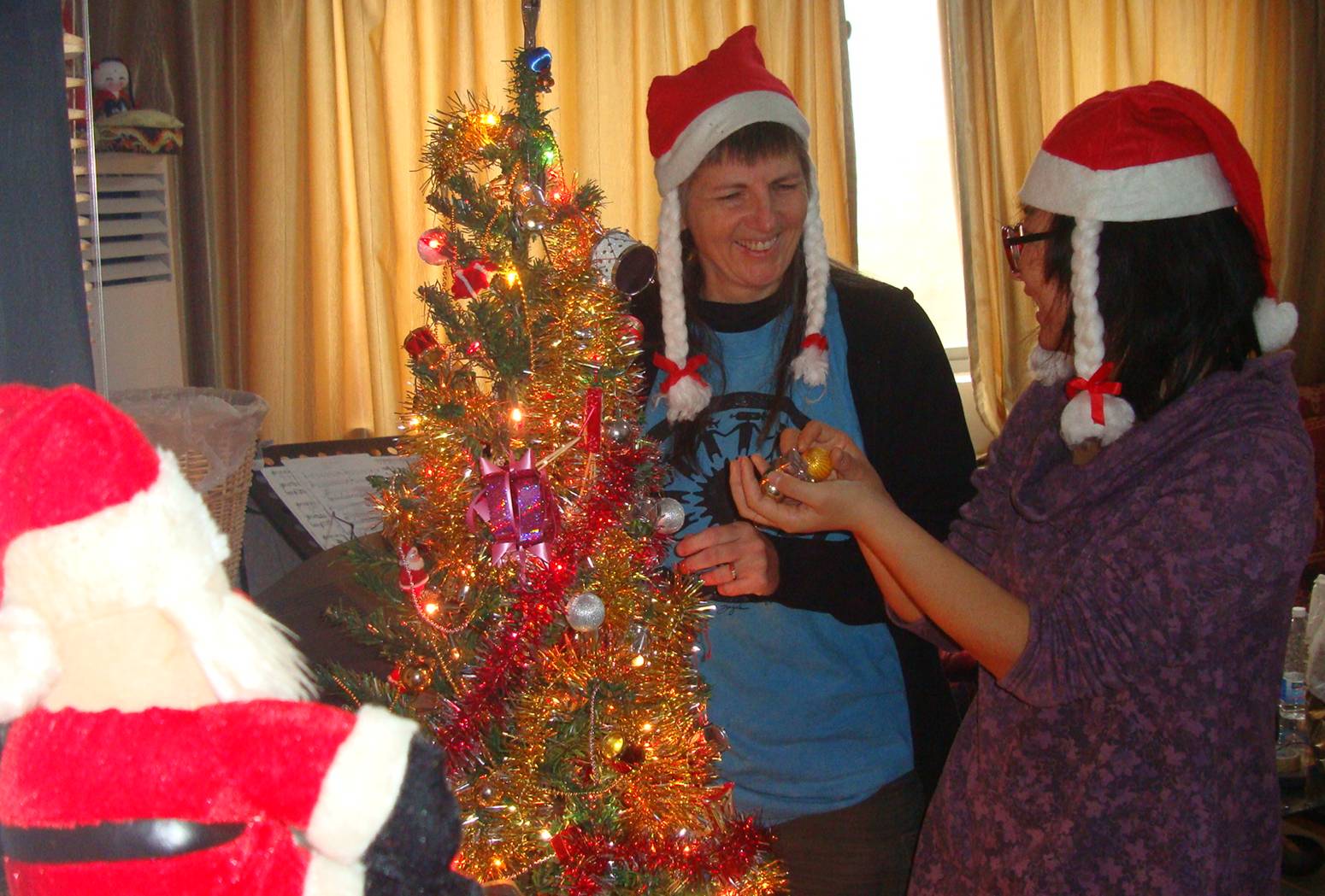 Decorating the tree with Panda's help.  Jiangnan University, Wuxi, China