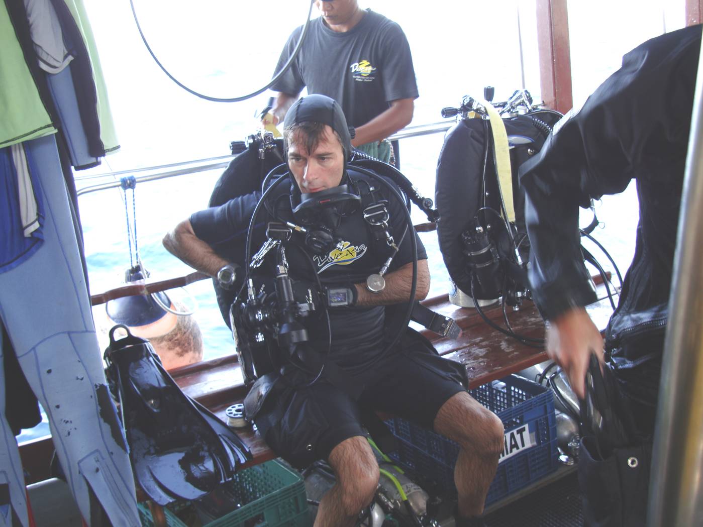 Picture:  Doug tricked out in his high tech diving gear on board Dive Asia out of Karon Beach, Phuket Island, Thailand.