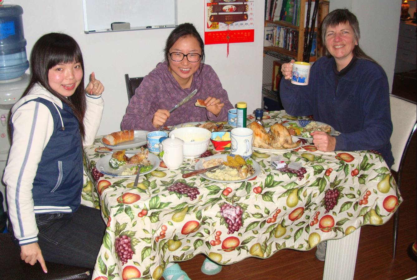 Jenny, Panda, and Ruth at Christmas dinner at Jiangnan University, Wuxi, China.  