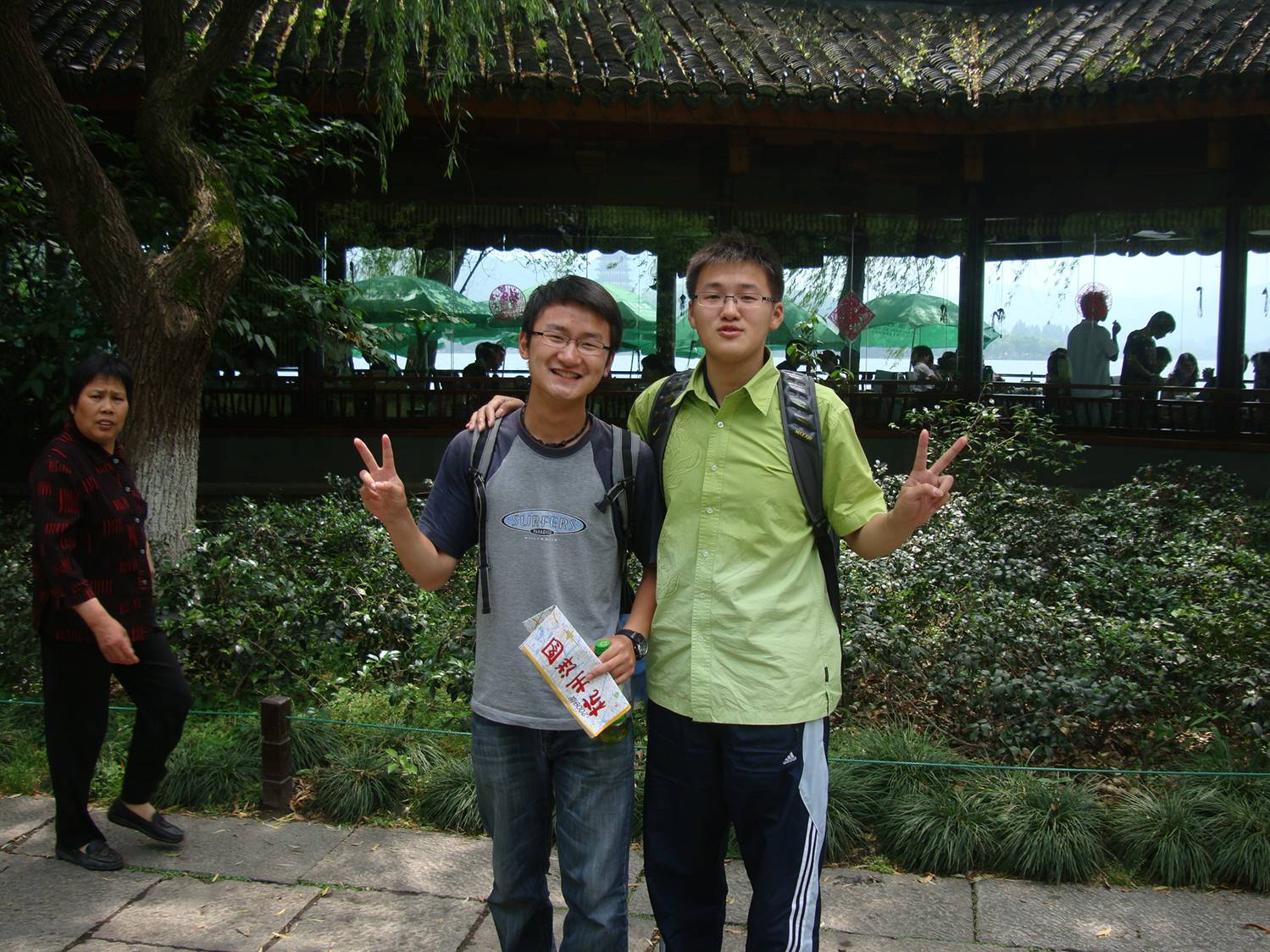 George and a classmate,  a chance meeting on an island in West Lake,  Hangzhou,  China.